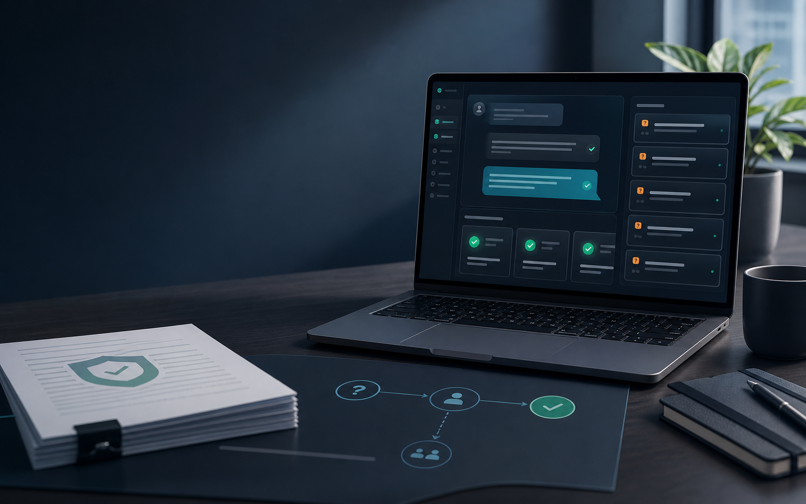 A laptop showing a controlled answer workflow.